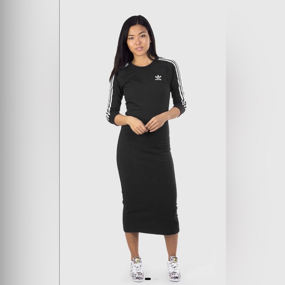 Adidas Originals Black 3-Stripes Long Bodycon Midi Dress 3/4 Sleeve XS